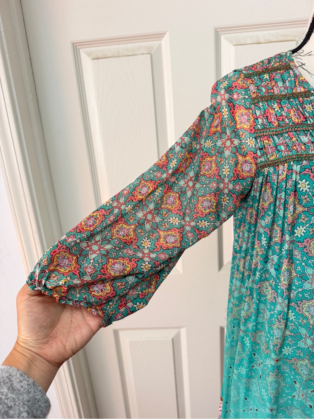 Boho Teal Print Tassel Peasant Dress - Picture 5 of 11